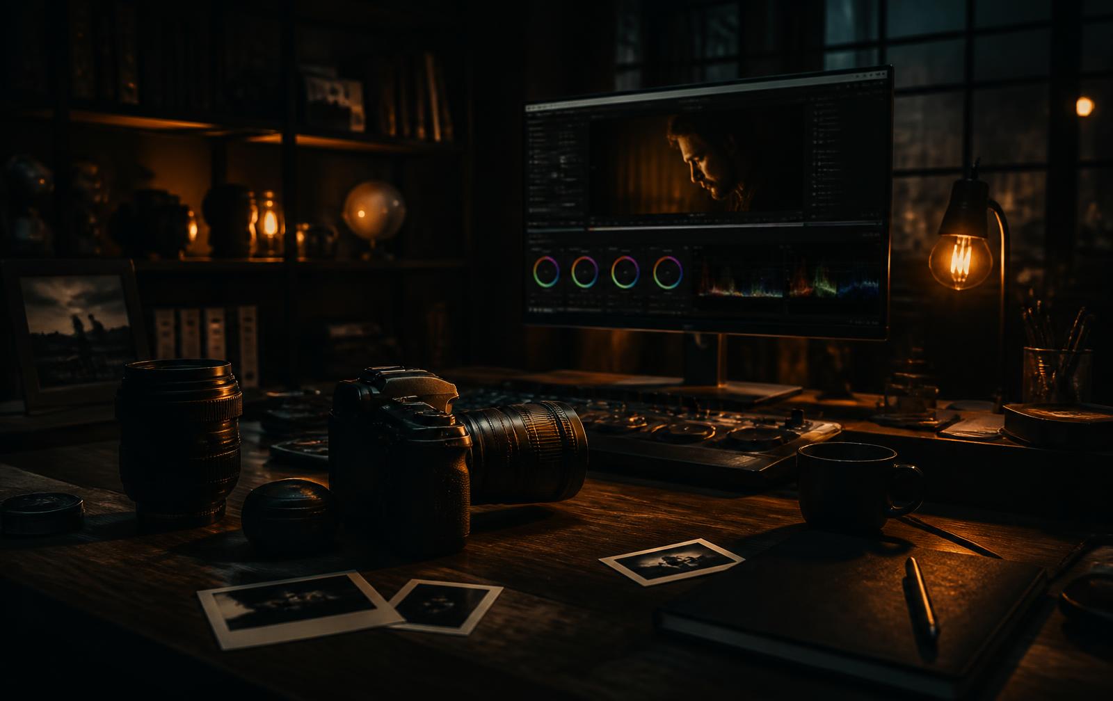 Bureau de studio avec appareil photo et écran d'étalonnage vidéo